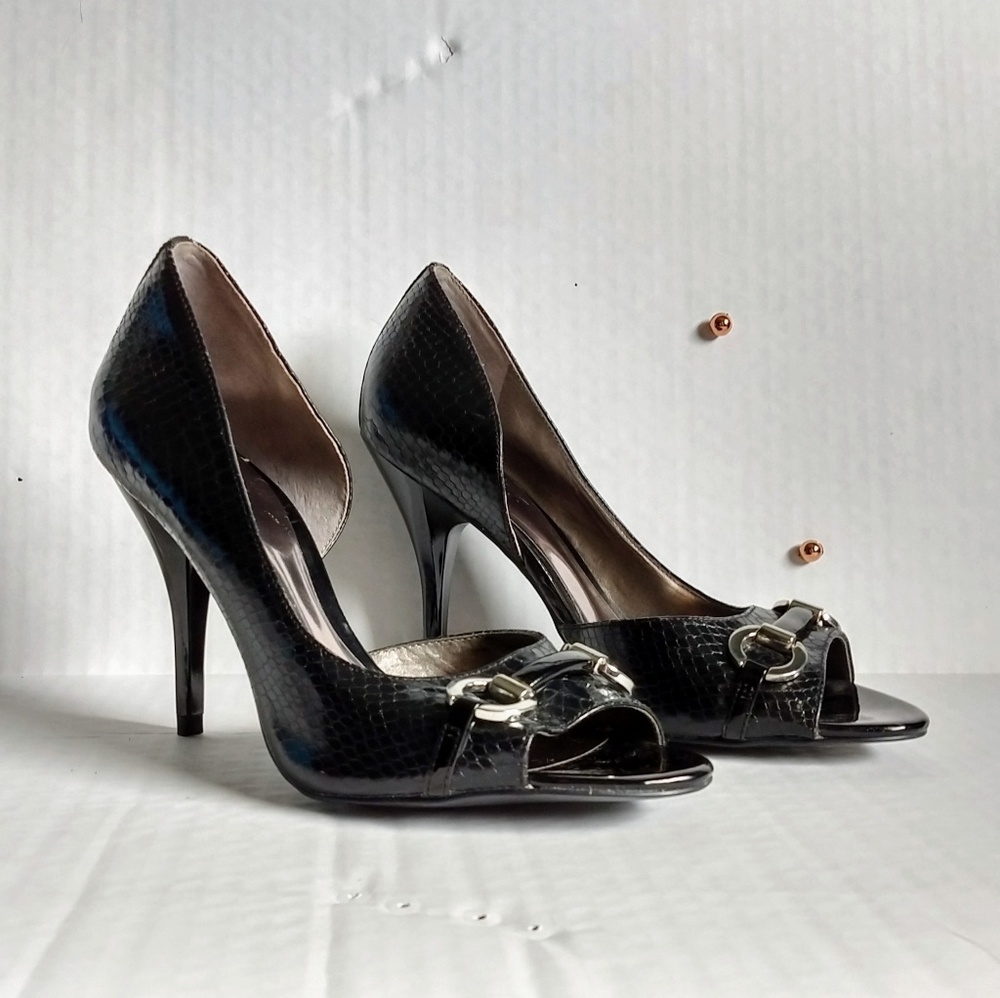 Carlos Santana Black Snake Print Buckle Heels